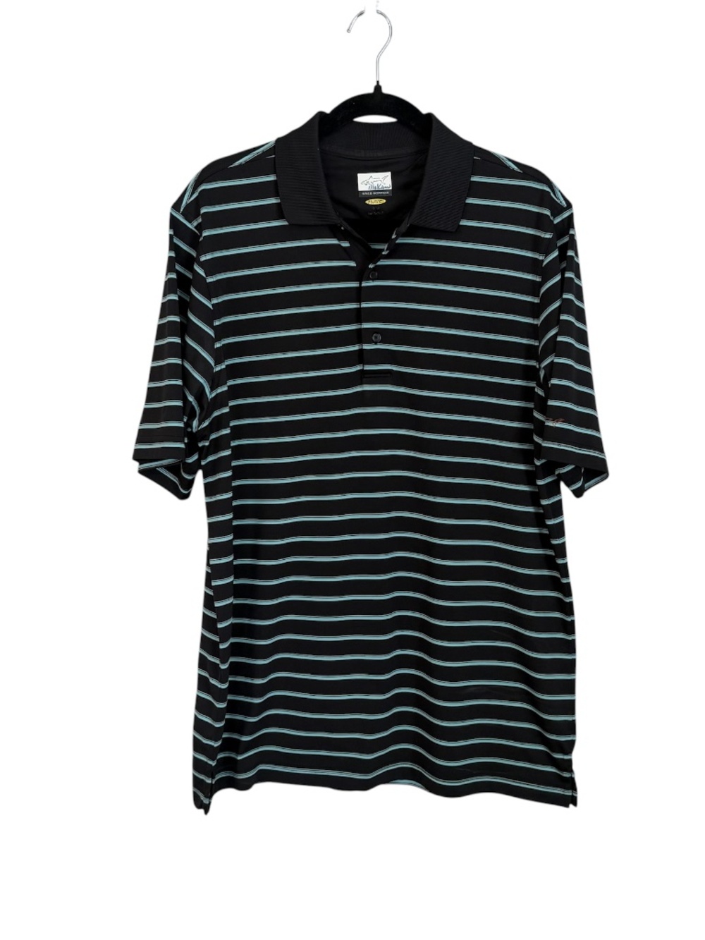 Greg Norman Men’s Play Dry Black & Light Blue Striped Polo Sz M GUC